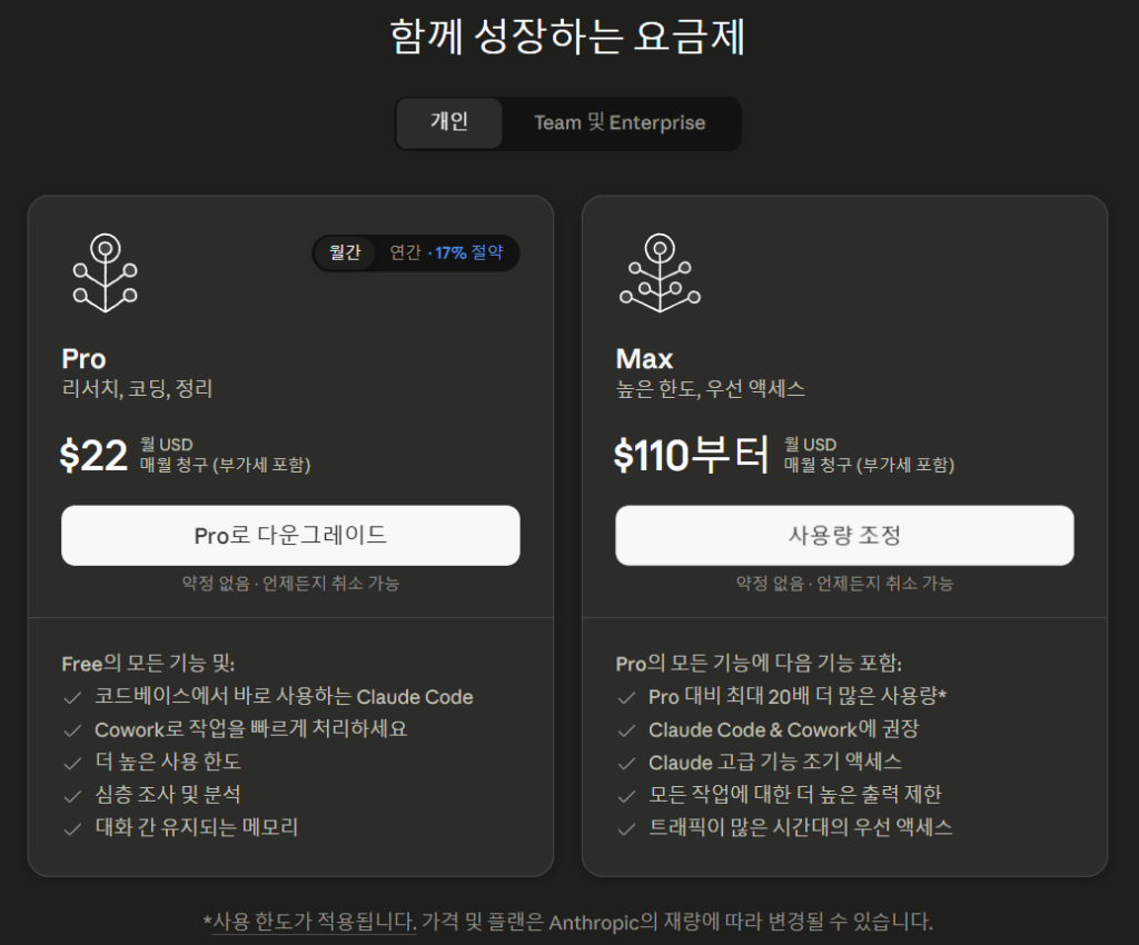 클로드 AI 무료 유료 플랜 비교 - 함께 성장하는 요금제 안내