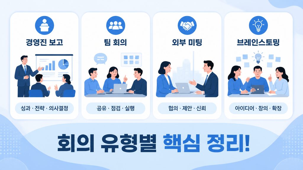 클로드 AI 회의록 정리 - 경영진 보고, 팀 회의, 외부 미팅, 브레인스토밍 유형별 회의록