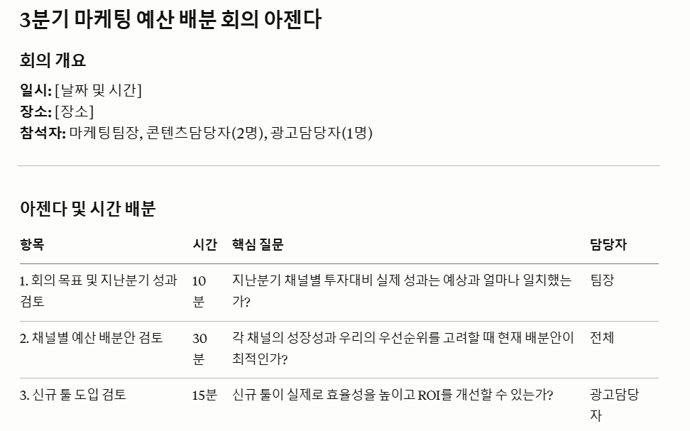 클로드 AI 회의록 자동화로 만든 3분기 마케팅 예산 배분 회의 아젠다 예시 화면
