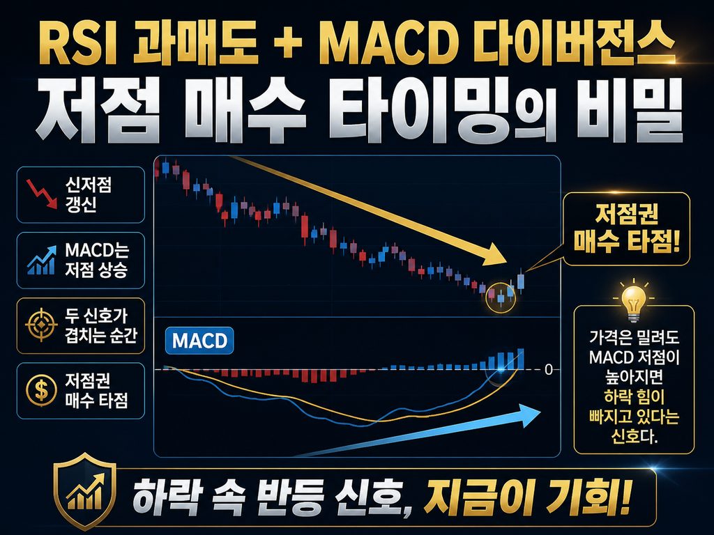 RSI 과매도와 MACD 다이버전스를 활용한 저점권 매수 타이밍 설명 이미지
