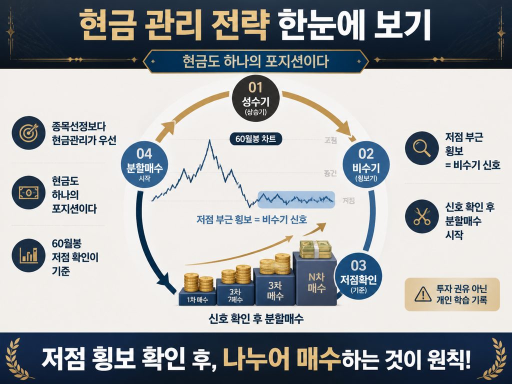 현금 관리 3원칙과 분할매수 전략을 한눈에 정리한 인포그래픽