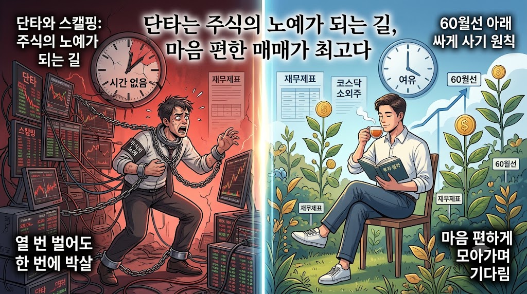 단타와 스캘핑이 주식의 노예가 되는 것과 마음 편한 매매를 보여주는 반어 이미지