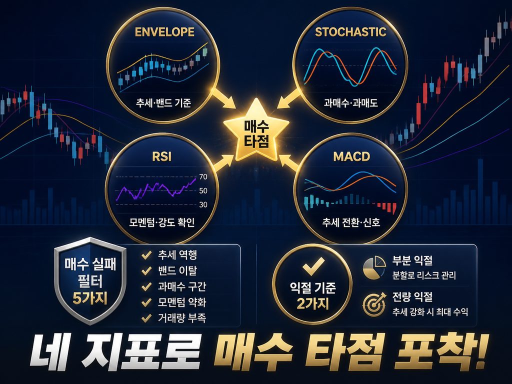 Envelope·RSI·MACD·Stochastic 네 지표의 역할 분담을 보여주는 다이어그램