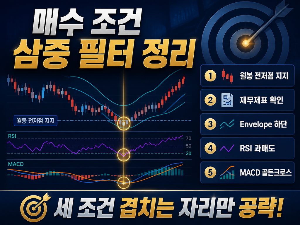 Envelope·RSI·MACD 매수 조건 삼중 필터 요약 플로우차트: 월봉 전저점 지지, 재무제표 확인, Envelope 하단, RSI 과매도, MACD 골든크로스 조건을 정리한 MACD 매수 조건 단계도
